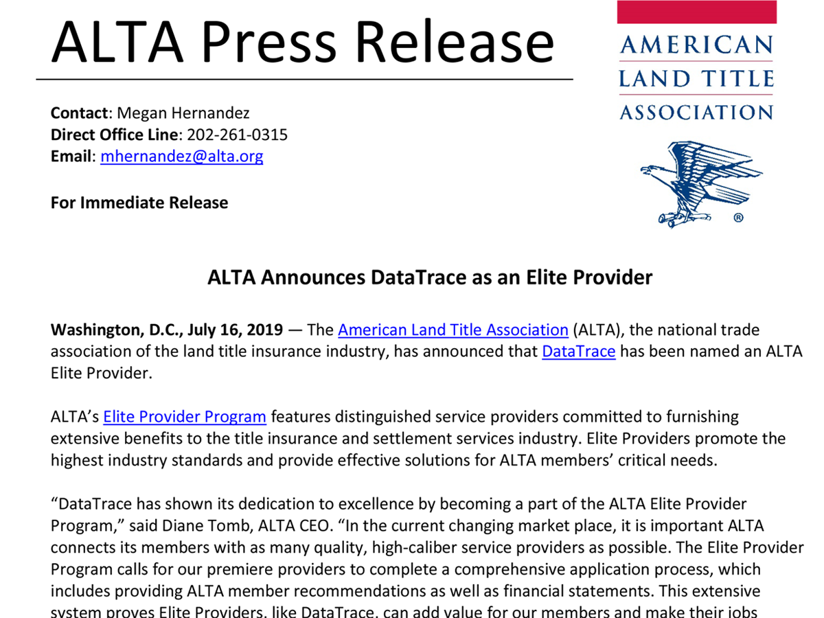 ALTA Announces DataTrace as an Elite Provider