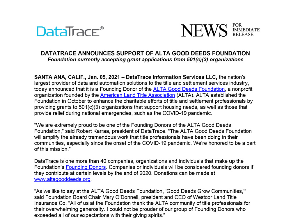 DATATRACE SUPPORTS ALTA GOOD DEEDS FOUNDATION