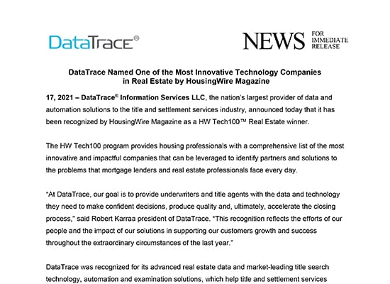 DataTrace Named HWTech100 Real Estate Winner
