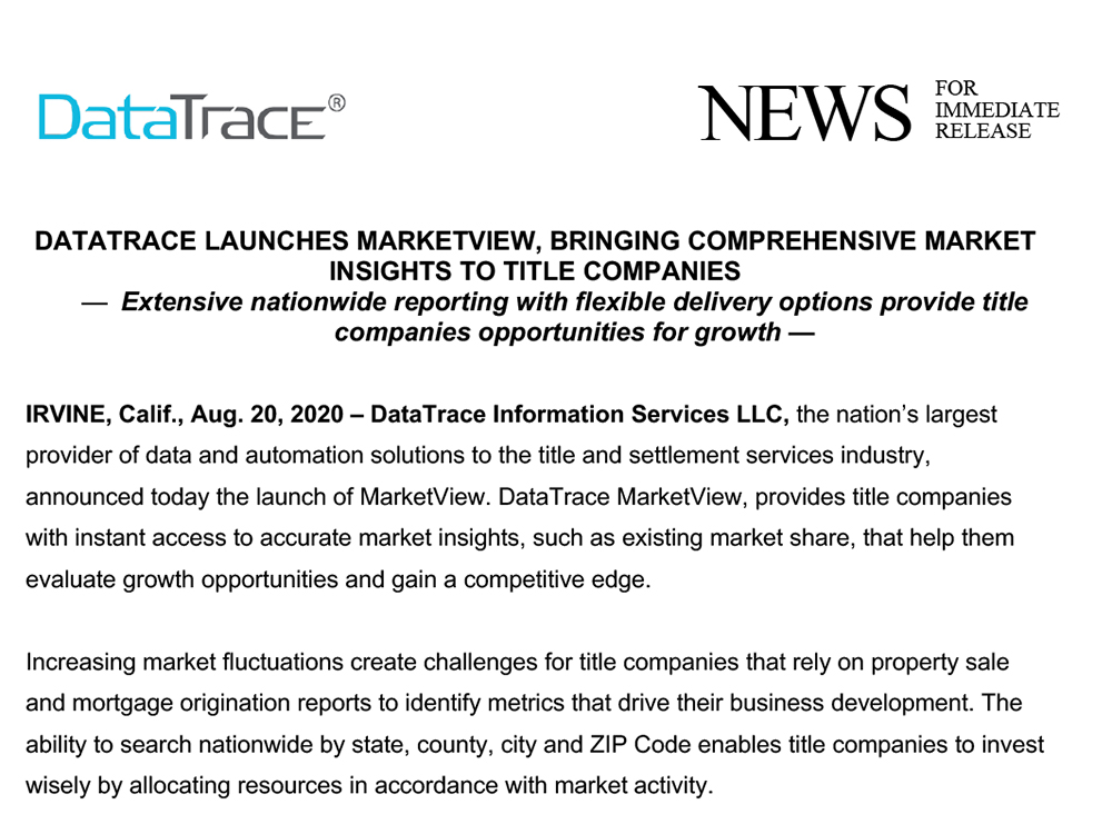 DataTrace Launches MarketView for title companies