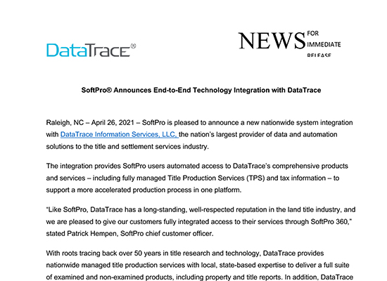 SoftPro Announces Integration with DataTrace
