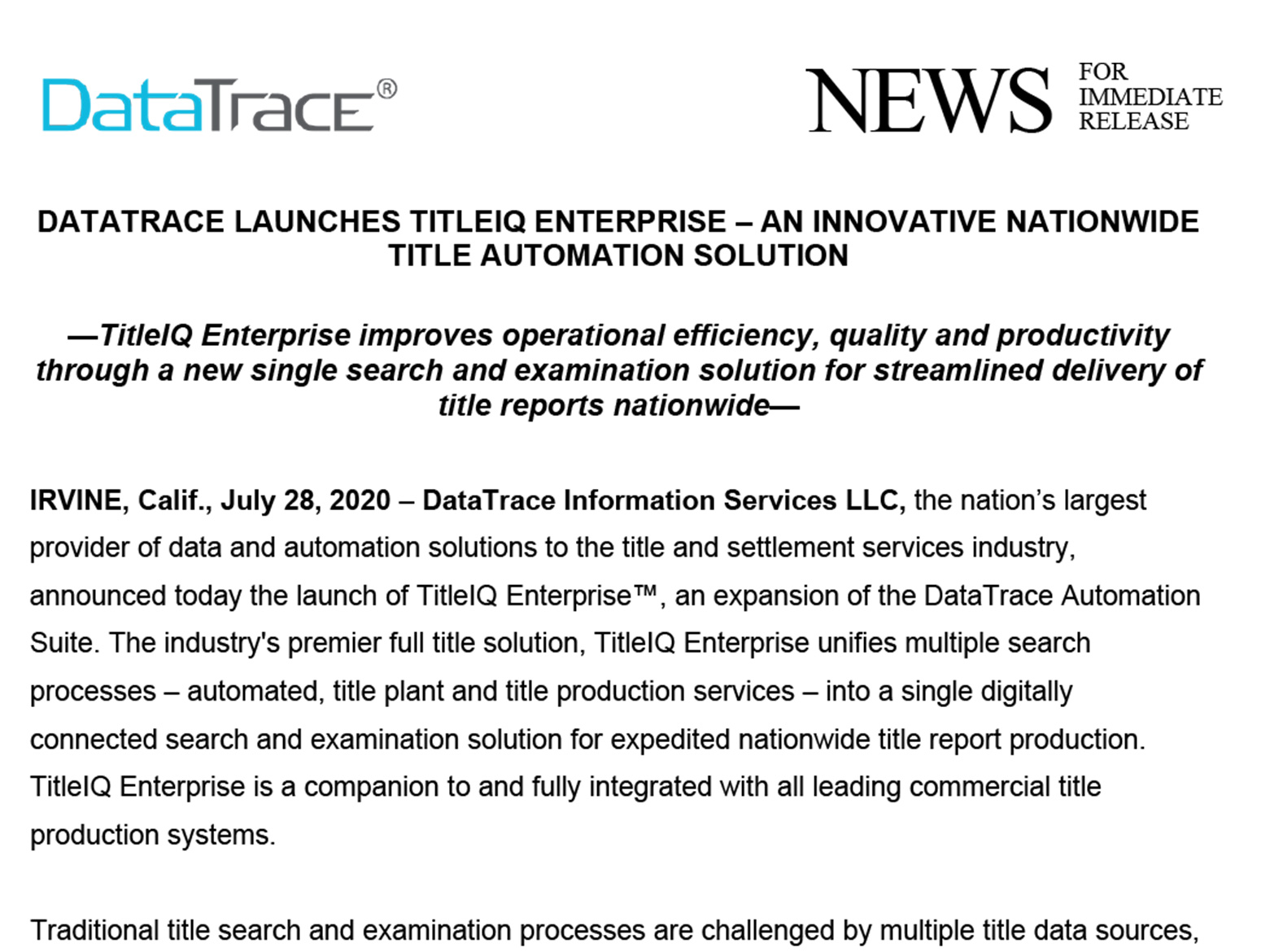 DataTrace Launches TitleIQ Enterprise