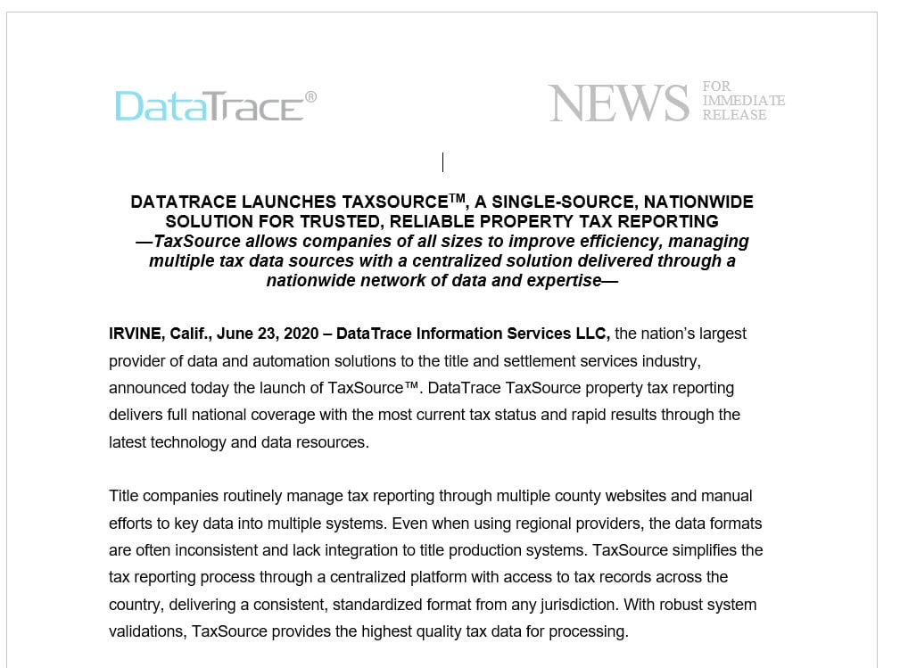 DataTrace Launches TaxSource for Title Companies